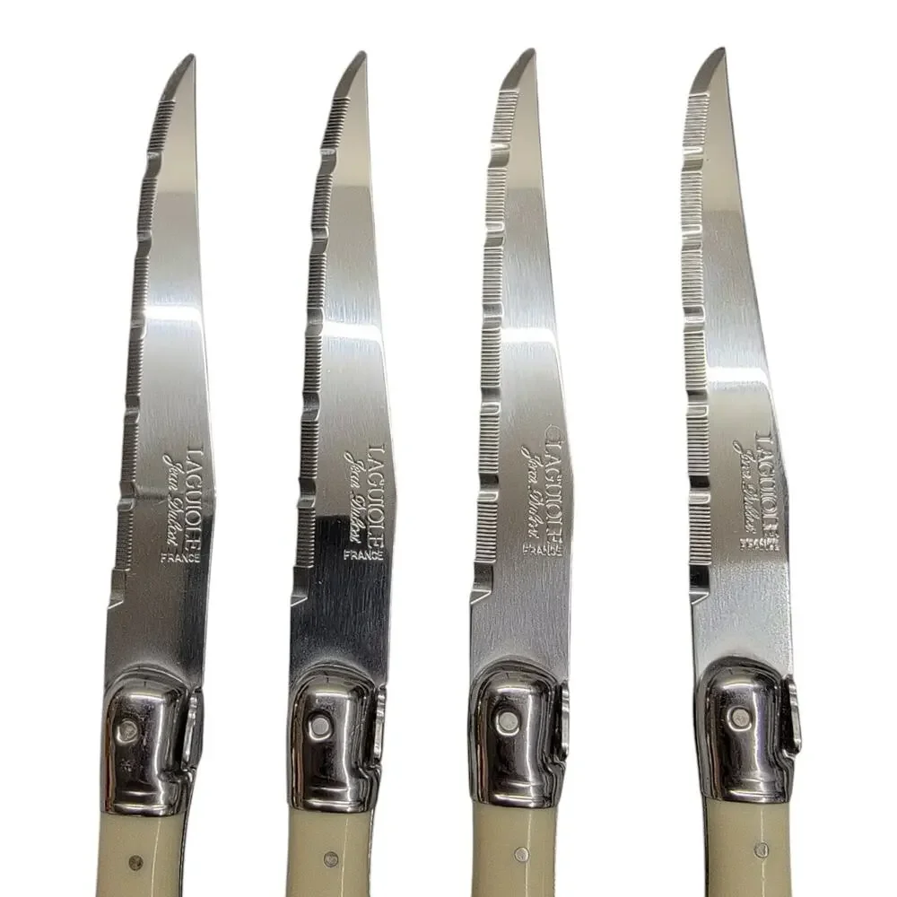Laguiole Jean Dubost France Steak Knives Set of 6 Ivory Cream Handles Wood Block